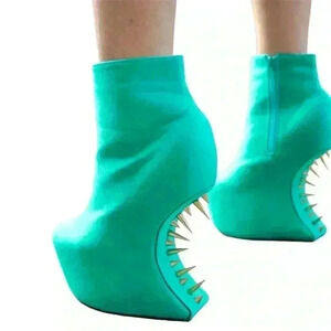 🔥Redkiss Heelless Green Studded Wedge  Ankle Boots 6.5, Punkcore, Pastel Goth